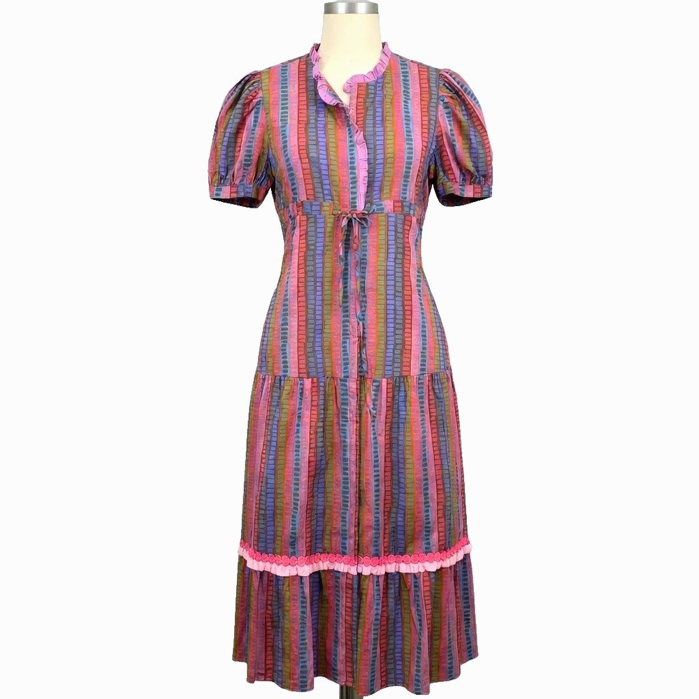 Marie by Victoria Dunn Peasant Maxi‎ Dress Sz L Pink Striped Lined Tiered NWT